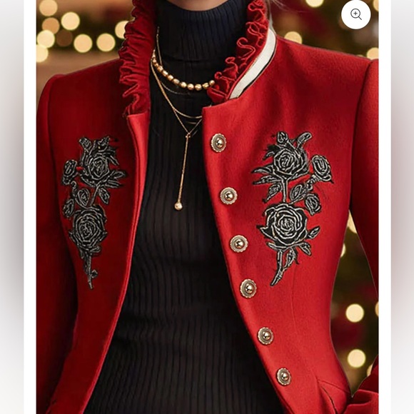 OYROSY Stand Up Collar Rose Embroidered Single Breasted Jacket - Picture 3 of 6